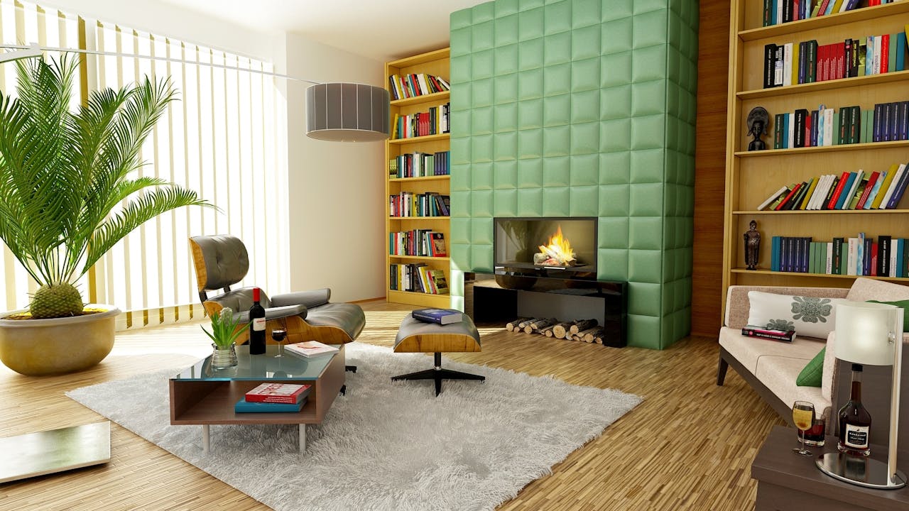 about-us-02 Elegant modern living room featuring stylish decor, bookshelves, and a cozy fireplace.