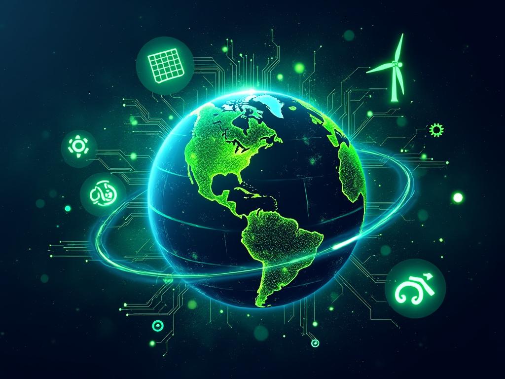 Planète Terre entourée d'icônes d'énergie renouvelable.