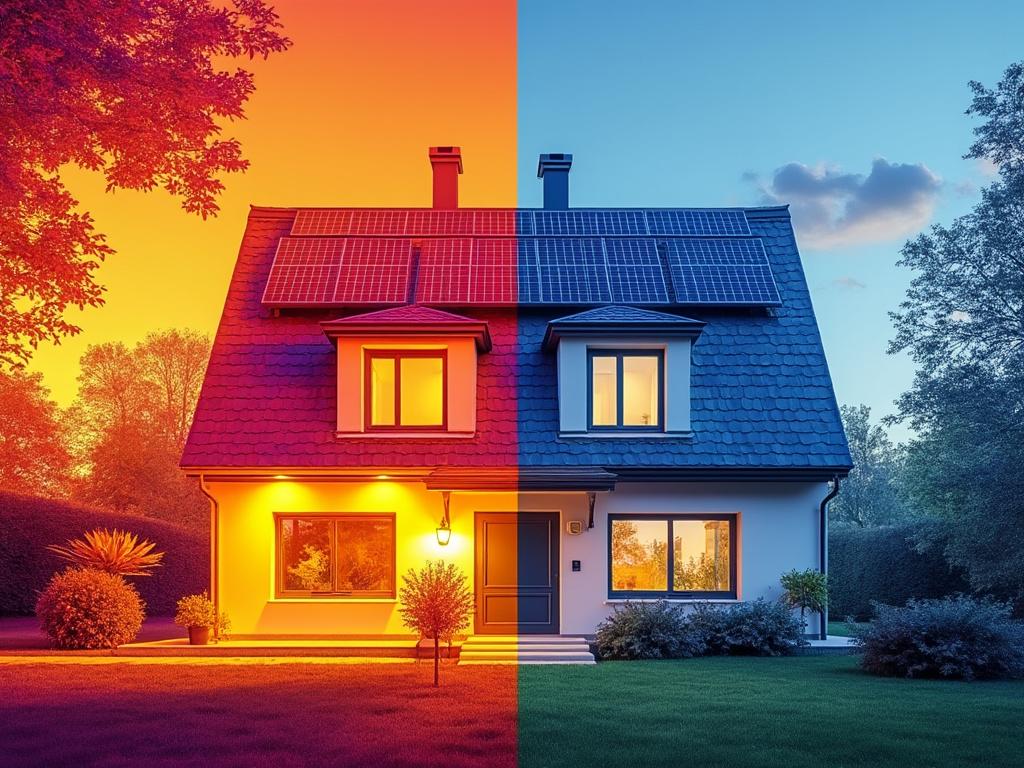 Maison avec panneaux solaires jour et nuit.
